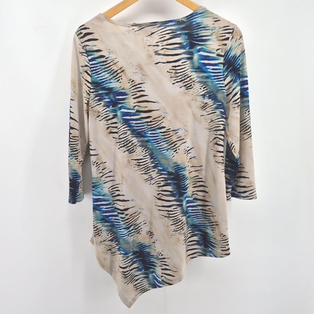 Chico's Travelers 0 Small Blue Abstract Animal Print Tunic Asymmetrical Hem Top - Picture 10 of 13
